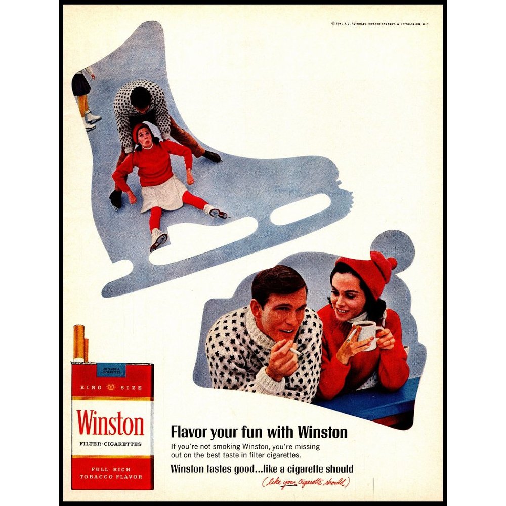 1967 Winston Cigarettes Vintage Print Ad Figure Skating Sweater Winter Wall Art
